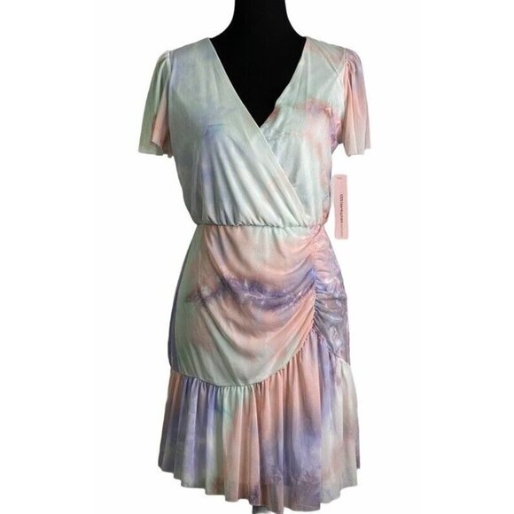 Aqua Womens Overlay‎ Faux Wrap Dress Pink Tie Dye Stretch V Neck Ruched M New - Picture 4 of 10